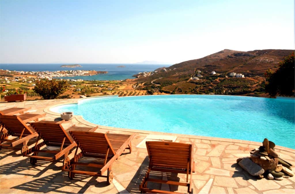 Villa Meltemi in Andros, Greece, pool view, by Olive Villa Rentals