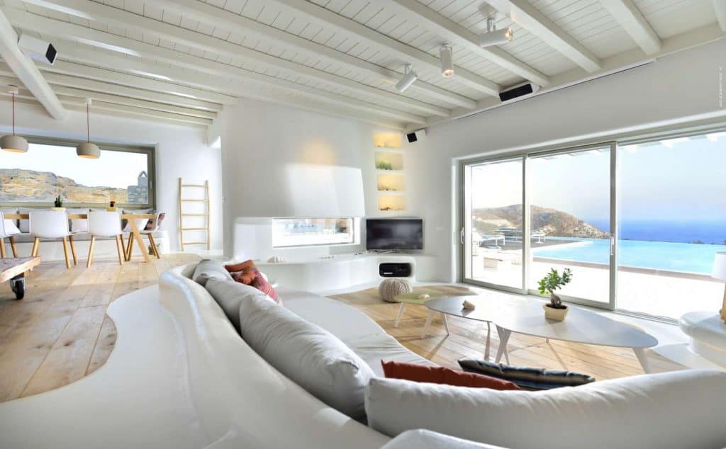 Villa Eterea in Mykonos Greece, living room, by Olive Villa Rentals