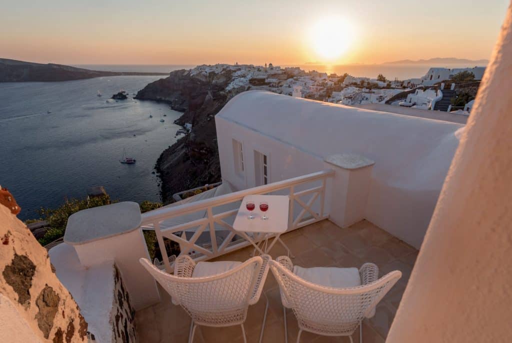 Casa Bianca in Santorini Greece, sunset, by Olive Villa Rentals