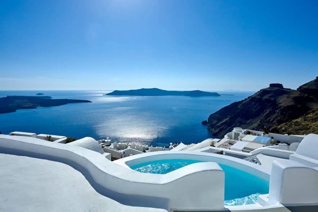 Villa Tramonto in Santorini Greece, pool, by Olive Villa Rentals