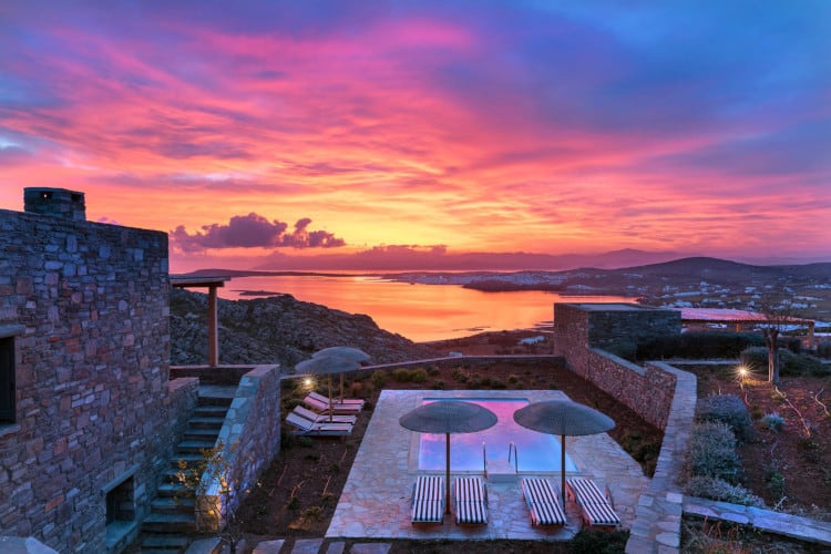 Villa- Cinqo-Paros-by-Olive-Villa-Rentals-exterior-pool-area-sunset