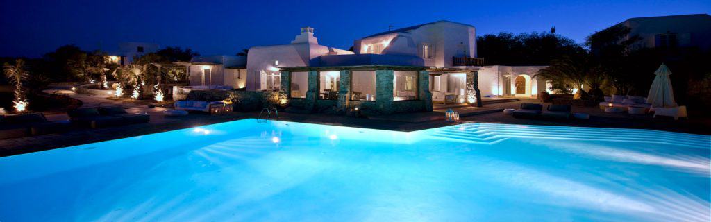Villas-Mykonos-Olive Villa Rentals-Villa Amerope- exterior-pool-area-night