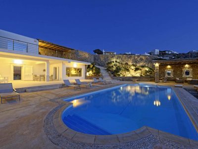 Villa-Delos Mare-Mykonos-by-Olive-Villa-Rentals-pool-area-night