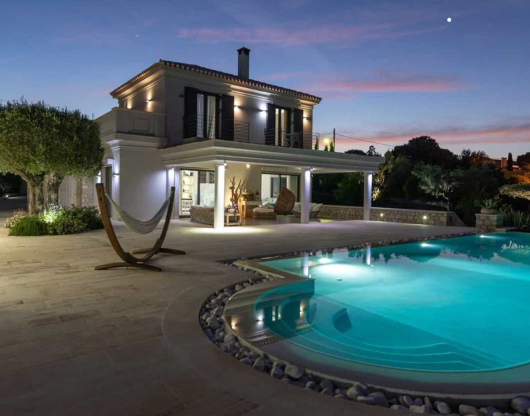 Villa-Camille-Porto Heli-by-Olive-Villa-Rentals-outdoor-pool-area-night