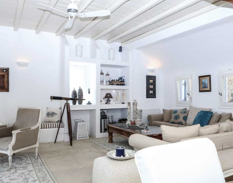 Villa Adelasia in Mykonos Greece, living room, by Olive Villa Rentals