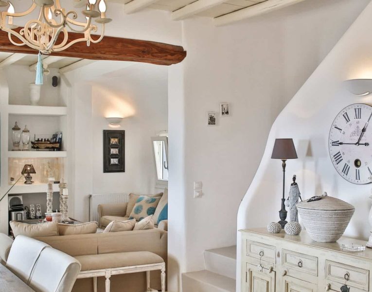 Villa Adelasia in Mykonos Greece, living room, by Olive Villa Rentals