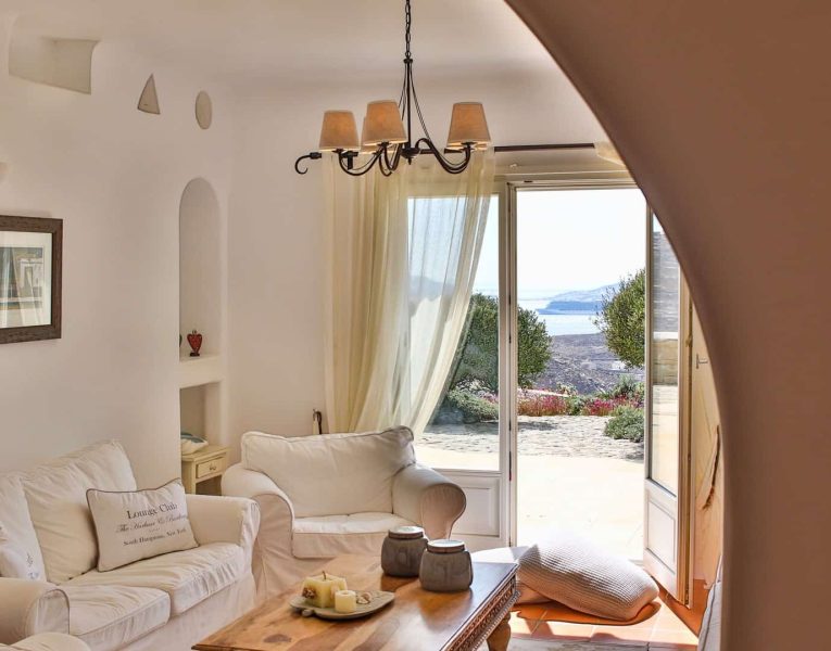 Villa Adelasia in Mykonos Greece, living room, by Olive Villa Rentals