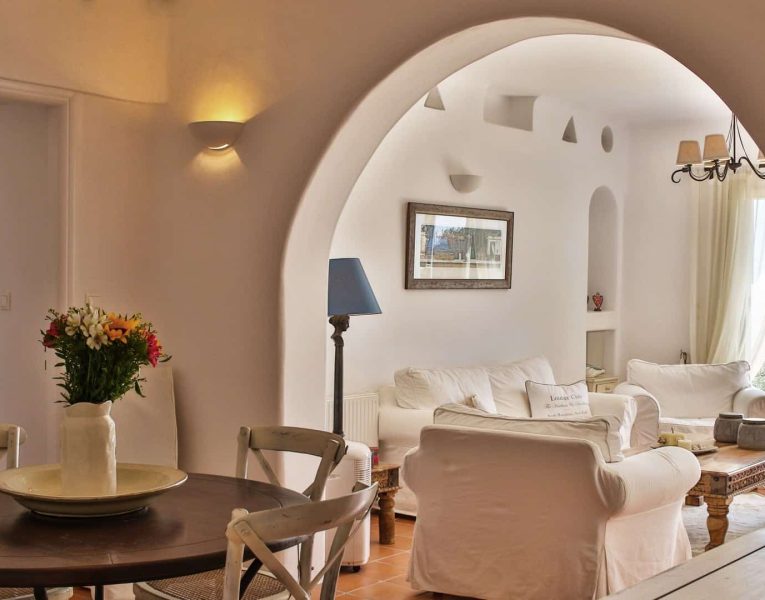 Villa Adelasia in Mykonos Greece, living room, by Olive Villa Rentals