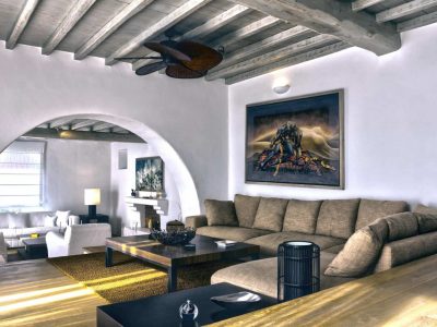 Villa Pacifae in Mykonos Greece, living room, by Olive Villa Rentals