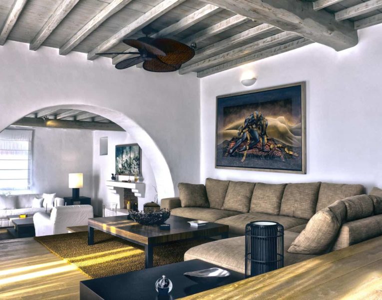 Villa Pacifae in Mykonos Greece, living room, by Olive Villa Rentals