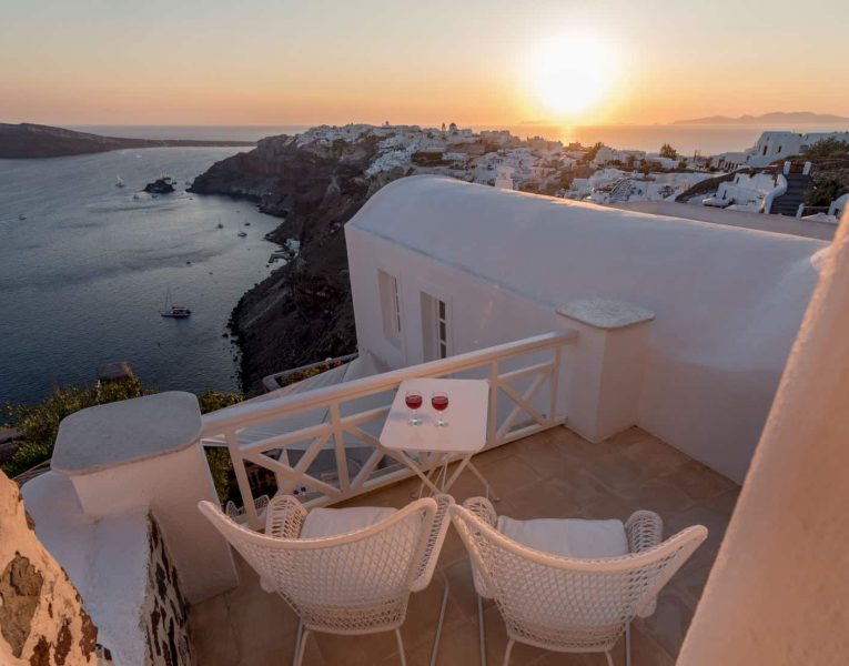 Casa Bianca in Santorini Greece, sunset, by Olive Villa Rentals