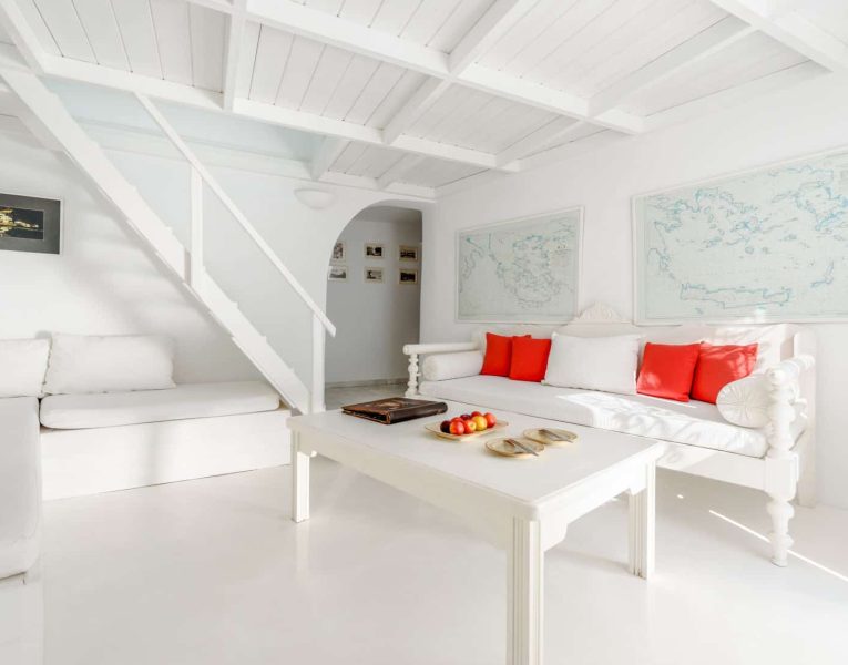 Casa Bianca in Santorini Greece, living room, by Olive Villa Rentals