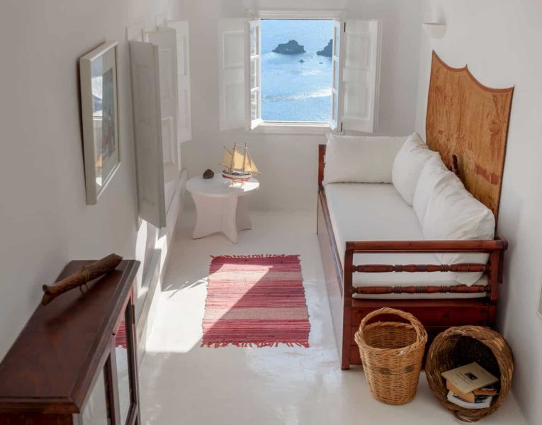 Casa Bianca in Santorini Greece, living room, by Olive Villa Rentals