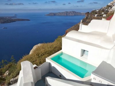 Villa Dulcinea in Santorini Greece, facade, by Olive Villa Rentals