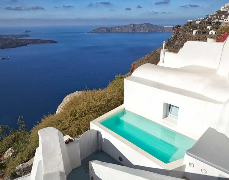 Villa Dulcinea in Santorini Greece, facade, by Olive Villa Rentals