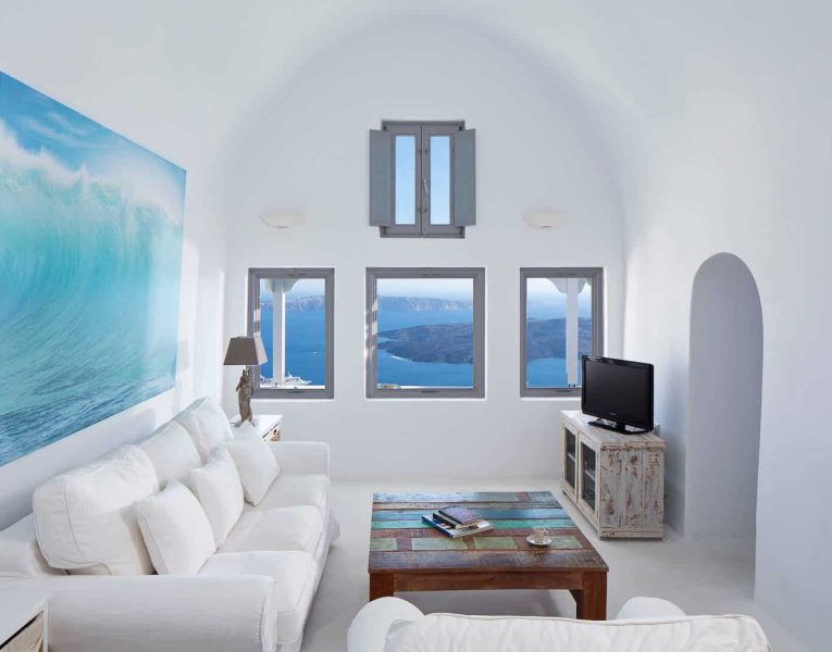 Villa Dulcinea in Santorini Greece, Living room, by Olive Villa Rentals