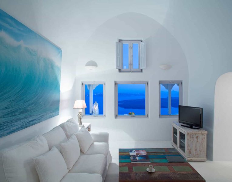 Villa Dulcinea in Santorini Greece, Living room, by Olive Villa Rentals