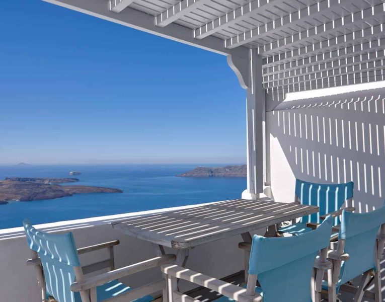 Villa Dulcinea in Santorini Greece, balcony, by Olive Villa Rentals