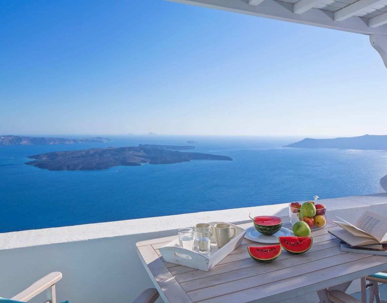 Villa Dulcinea in Santorini Greece, balcony, by Olive Villa Rentals