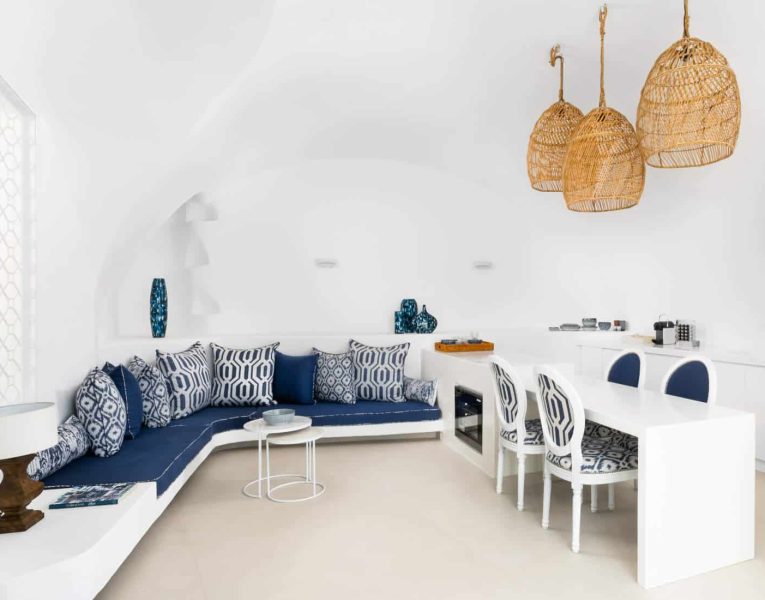 Villa Penelope in Santorini Greece, living room, by Olive Villa Rentals