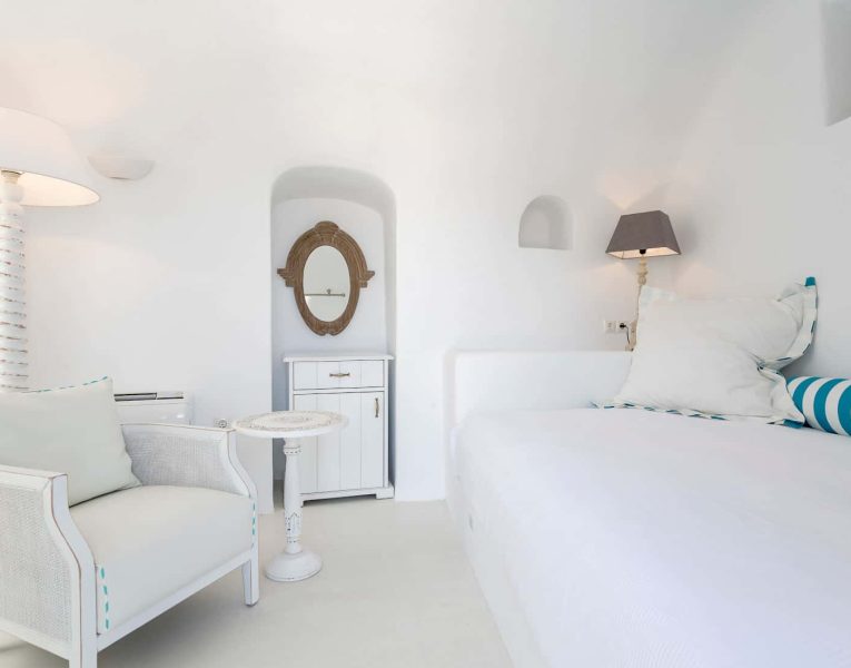 Villa Penelope in Santorini Greece, bedroom, by Olive Villa Rentals