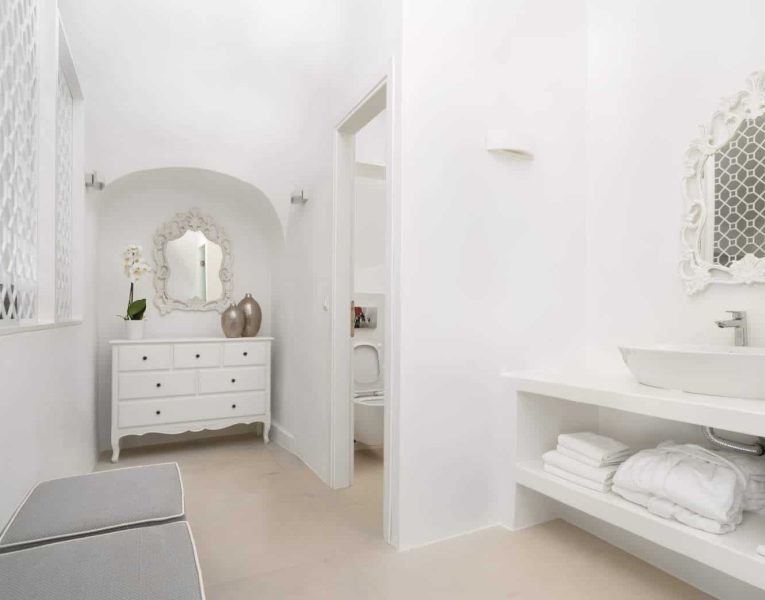 Villa Penelope in Santorini Greece, bathroom, by Olive Villa Rentals