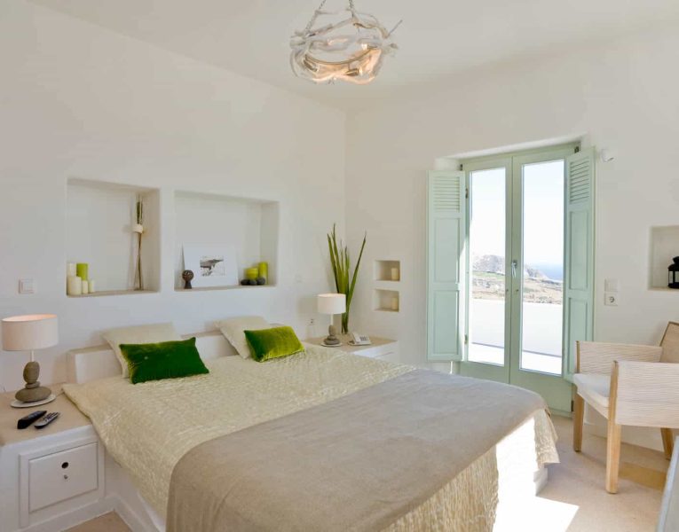 Villa Roccia Nera in Santorini Greece, bedroom, by Olive Villa Rentals