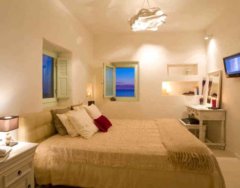 Villa Roccia Nera in Santorini Greece, bedroom, by Olive Villa Rentals