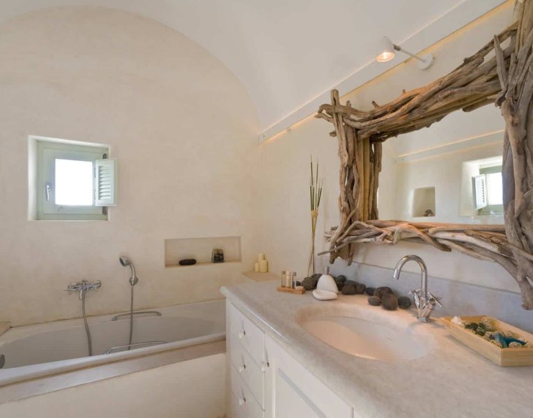 Villa Roccia Nera in Santorini Greece, bathroom, by Olive Villa Rentals