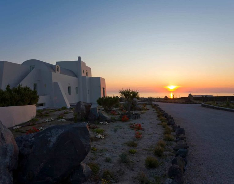 Villa Roccia Nera in Santorini Greece, sunset, by Olive Villa Rentals