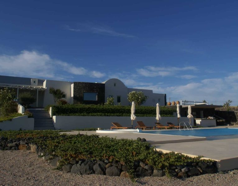 Villa Roccia Nera in Santorini Greece, facade, by Olive Villa Rentals