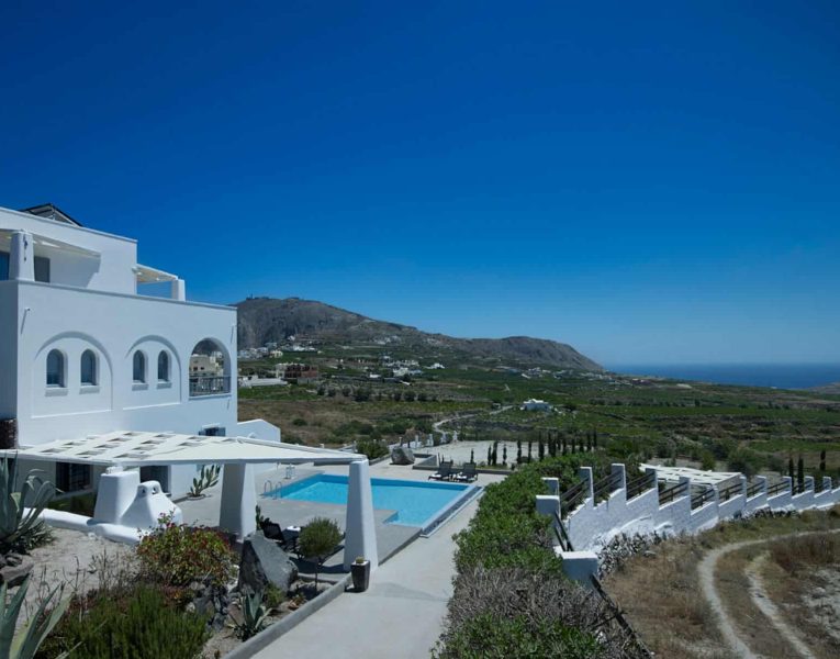 Villa Rosalin in Santorini, facade, by Olive Villa Rentals