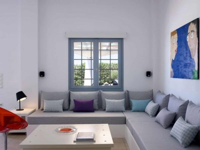 Villa Rosalin in Santorini, living room, by Olive Villa Rentals