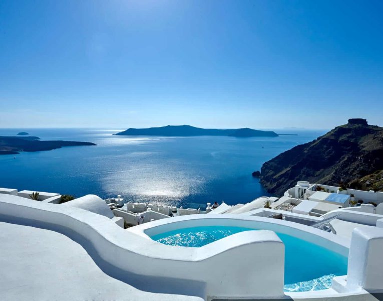 Villa Tramonto in Santorini Greece, pool, by Olive Villa Rentals