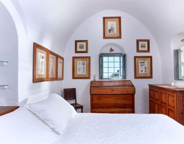 Villa Tramonto in Santorini Greece, bedroom, by Olive Villa Rentals