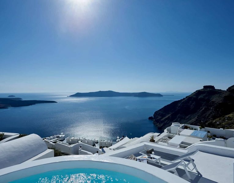 Villa Tramonto in Santorini Greece, pool, by Olive Villa Rentals