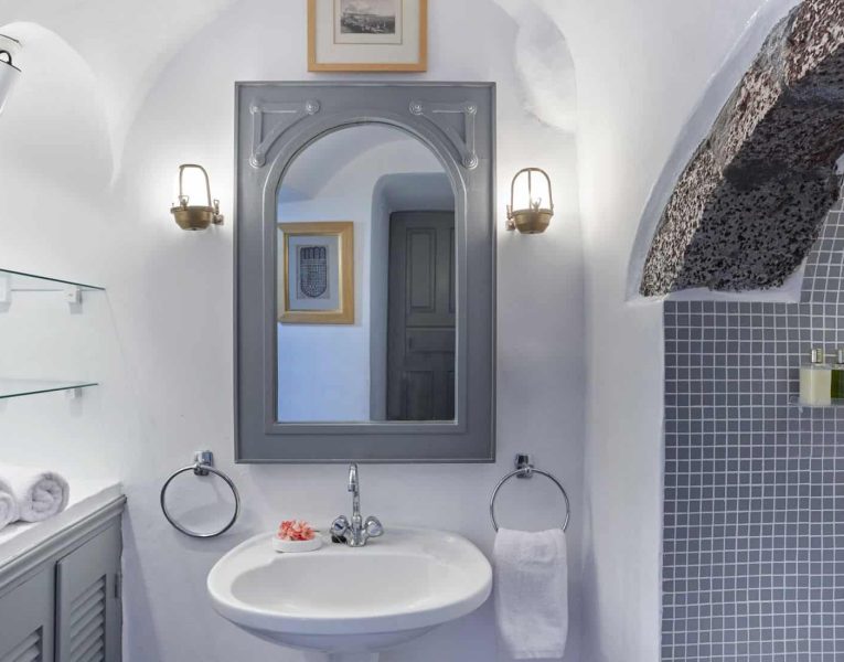 Villa Tramonto in Santorini Greece, bathroom, by Olive Villa Rentals