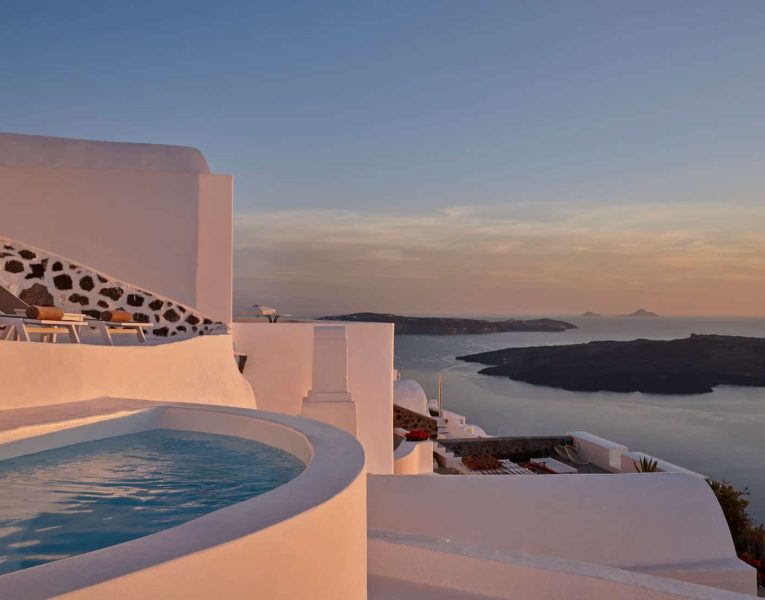 Villa Tramonto in Santorini Greece, pool, by Olive Villa Rentals