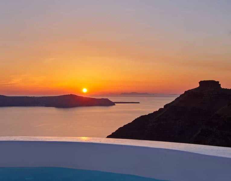 Villa Tramonto in Santorini Greece, sunset, by Olive Villa Rentals