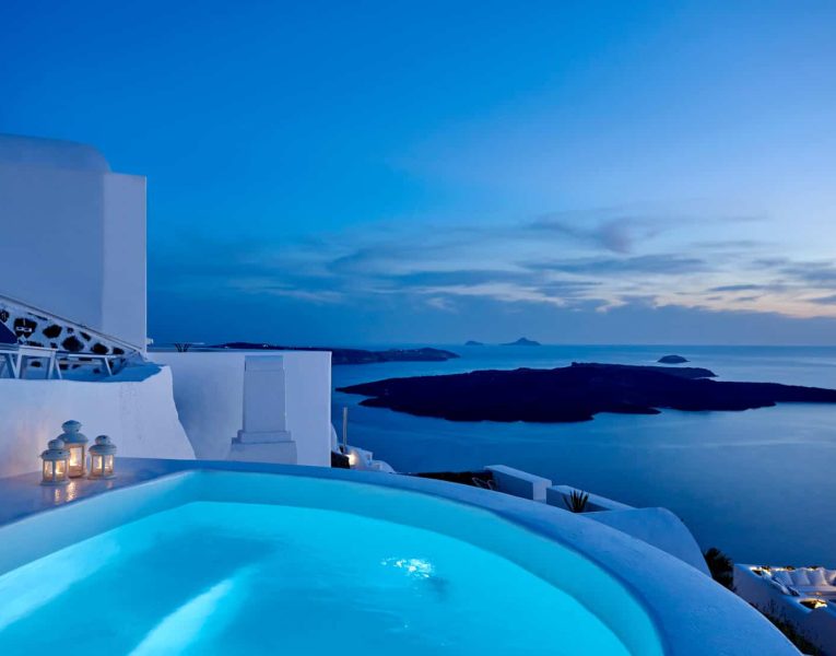 Villa Tramonto in Santorini Greece, pool, by Olive Villa Rentals