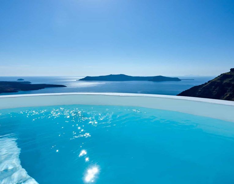 Villa Tramonto in Santorini Greece, pool, by Olive Villa Rentals