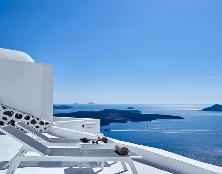 Villa Tramonto in Santorini Greece, lsea view, by Olive Villa Rentals