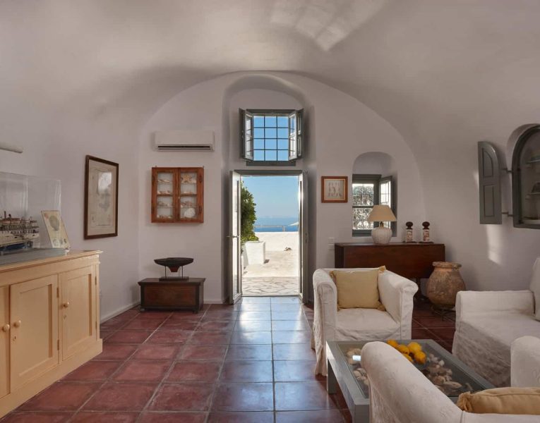 Villa Tramonto in Santorini Greece, living room, by Olive Villa Rentals