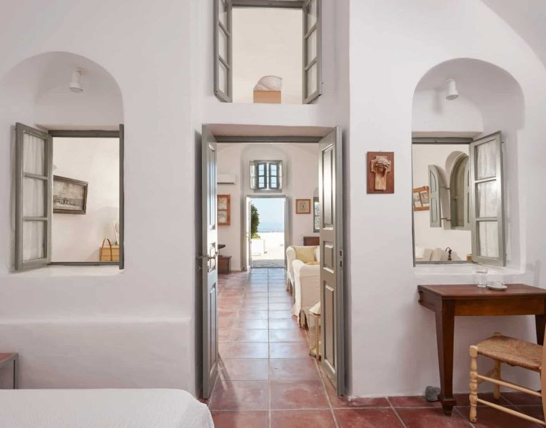 Villa Tramonto in Santorini Greece, living room, by Olive Villa Rentals