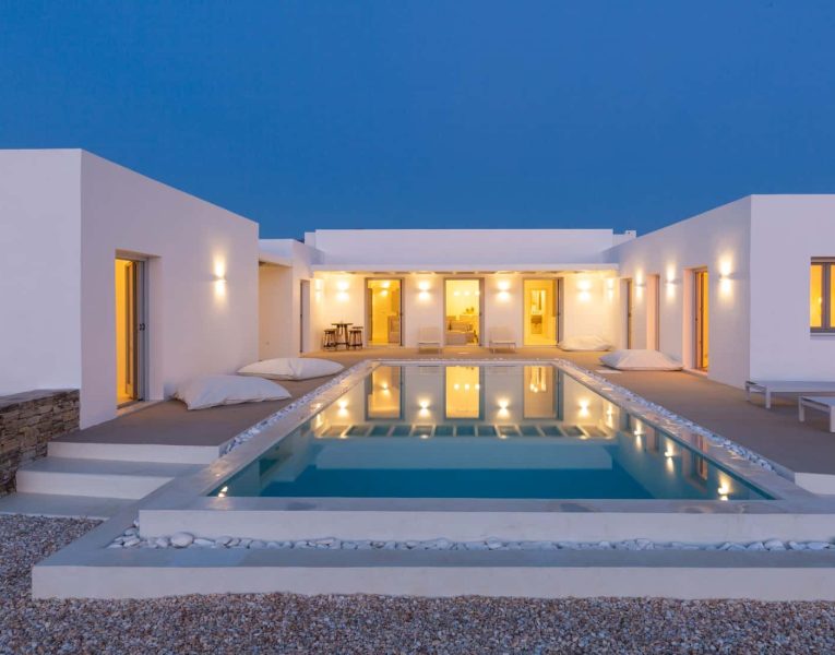 Villa-Blanche-Paros-by-Olive-Villa-Rentals-pool-area-night
