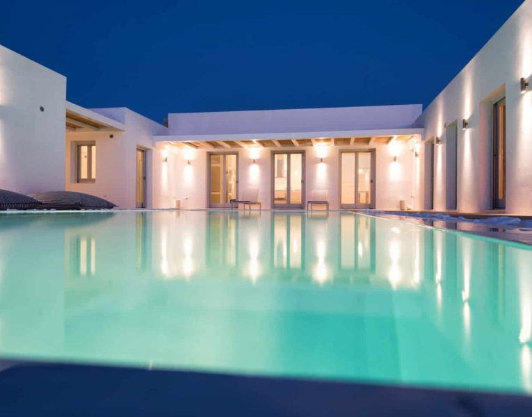 Villa-Blanche-Paros-by-Olive-Villa-Rentals-pool-area-night
