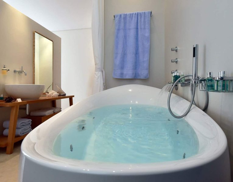 Villa Azzuro in Aegina Greece, bathroom jacuzzi, by Olive Villa Rentals