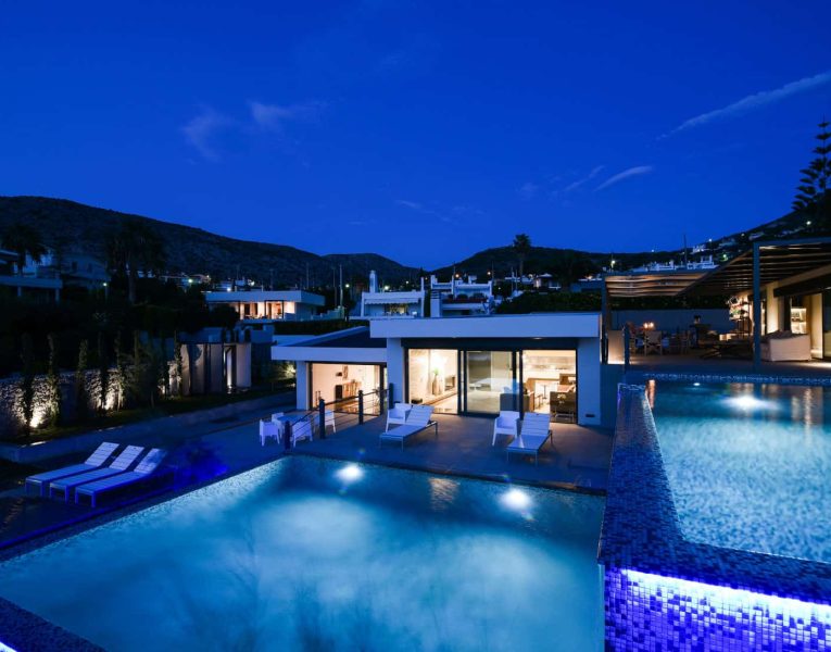 Villa-Soraya-Athens-by-Olive-Villa-Rentals-exterior-pool-area-night-views