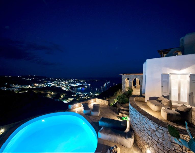 Villa-Aquila-Corfu-by-Olive-Villa-Rentals-exterior-lights-night-pool-area