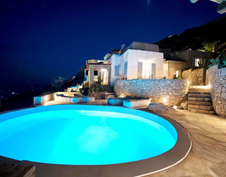 Villa-Aquila-Corfu-by-Olive-Villa-Rentals-exterior-lights-night-pool-area